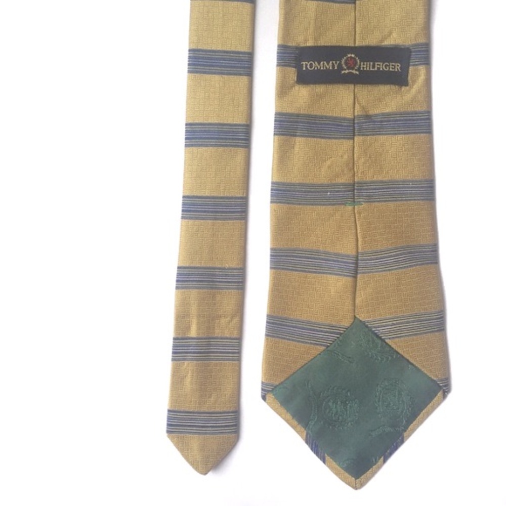 TOMMY HILFIGER Silk Tie Gold and Blue Stripes Extra Long - Picture 3 of 8